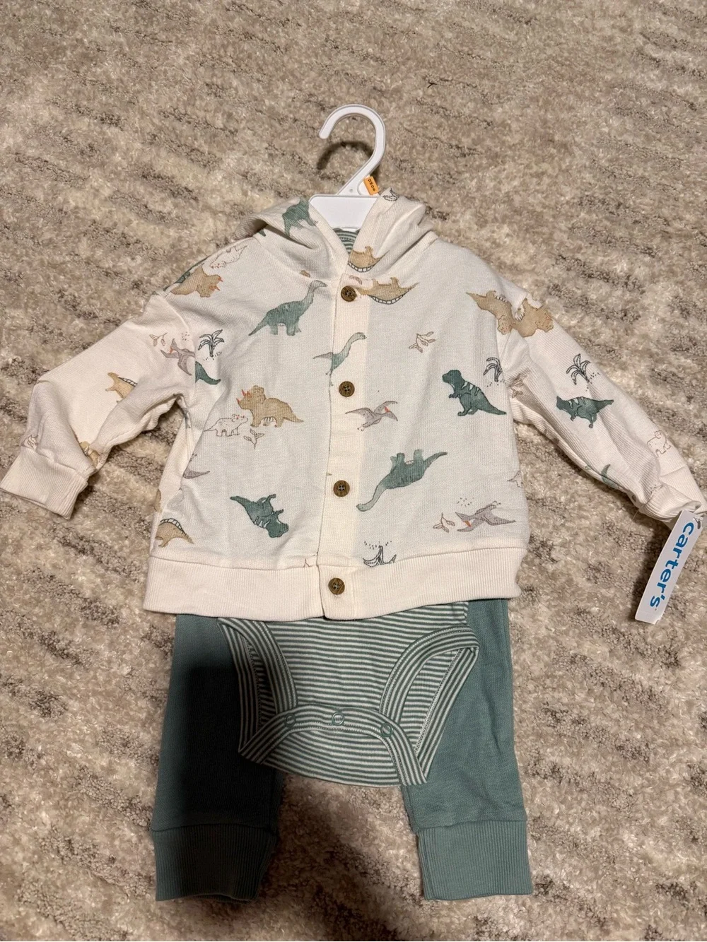 Carter's Cream Dino Hooded Jacket with Sage Green Leggings